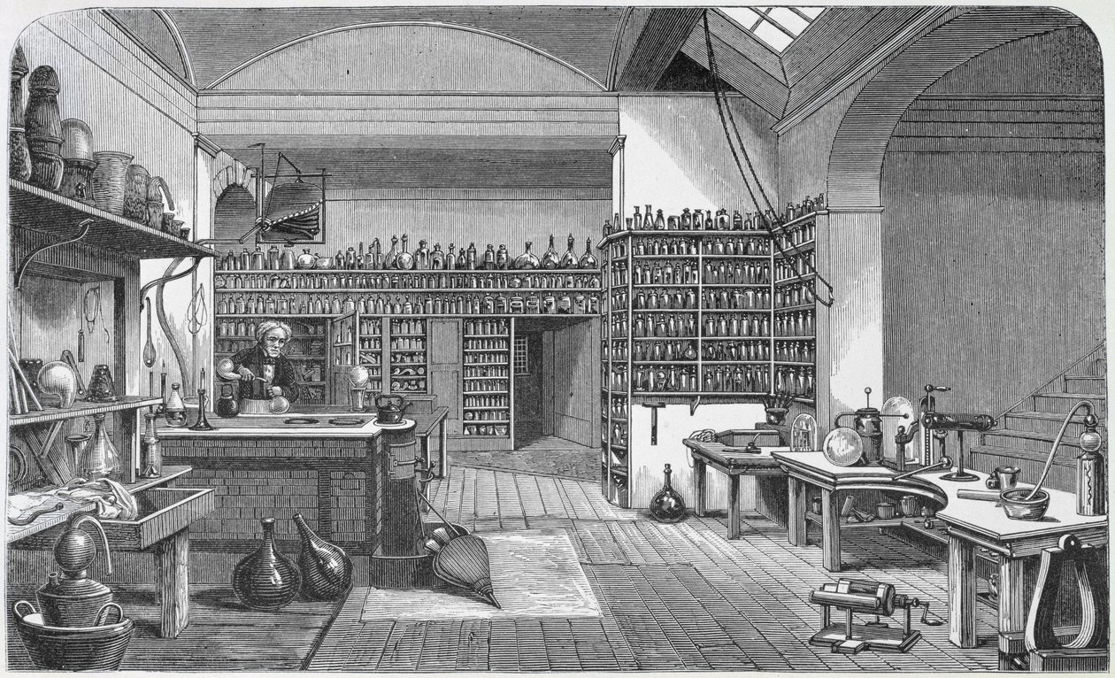 Michael Faraday (1791-1867) kellarilaboratoriossaan Henry Bence Jonesin teoksesta The Life and Letters of Faraday, julkaistu 1870, 1869 tekijältä Harriet Jane Moore
