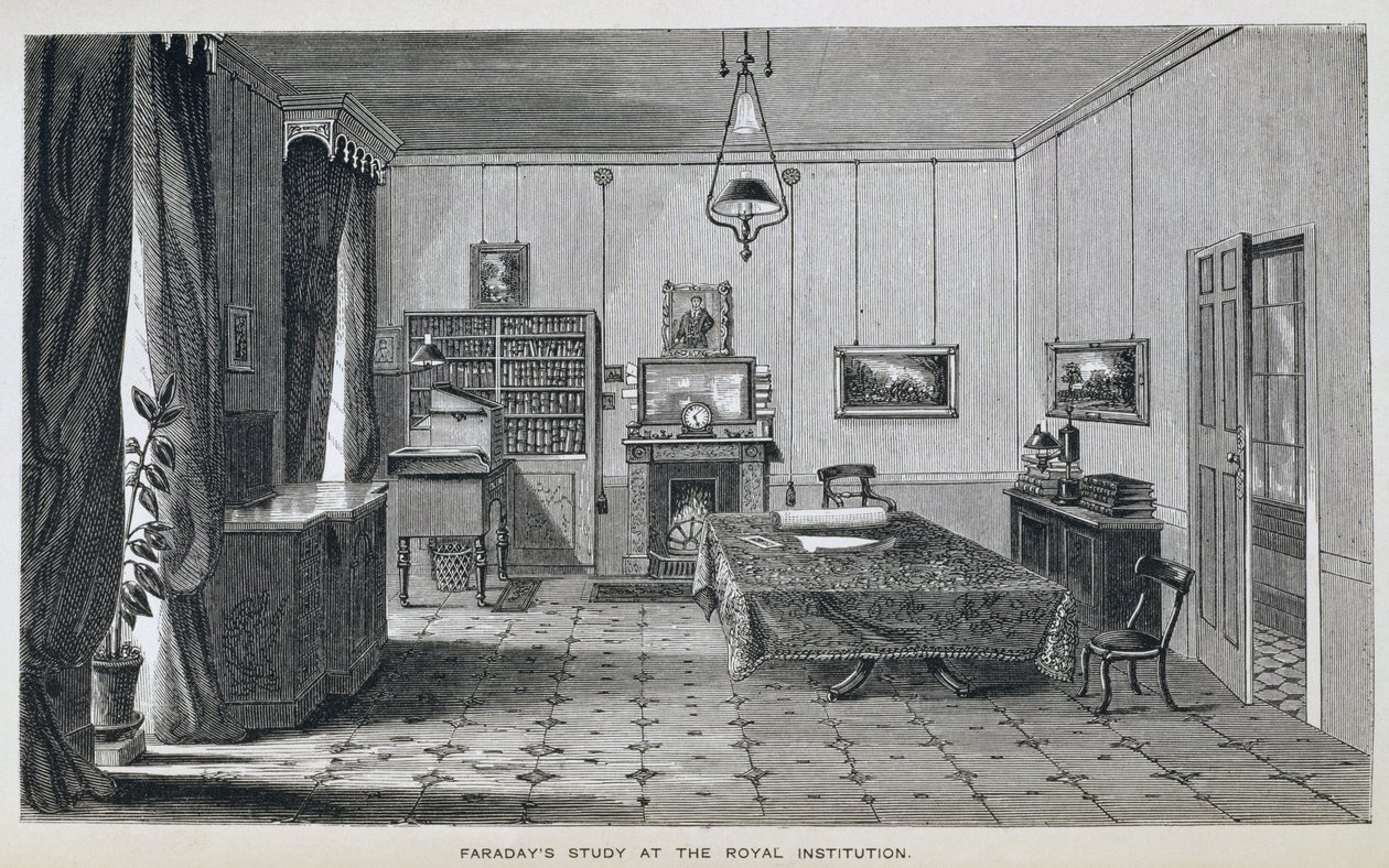 Michael Faradayn työhuone The Royal Institutionin toisessa kerroksessa, Henry Bence Jonesin teoksesta The Life and Letters of Faraday, julkaistu 1870, 1869 (katso 137594) tekijältä Harriet Jane Moore