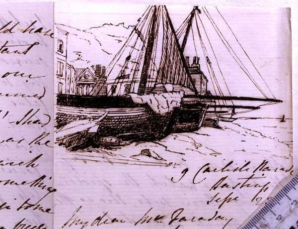 RI MS F1 I160 Kalastusalusten vinjetti Hastingsissa, luonnos kirjeessä Michael Faradaylle (1791-1867), 23. syyskuuta 1853 (kynä ja muste paperille) tekijältä Harriet Jane Moore