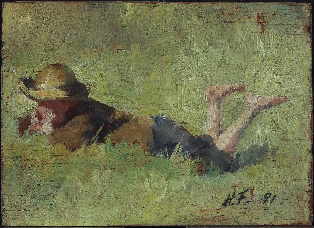 Poika makaa nurmikolla, 1890 (öljy puulevylle) tekijältä Harriet Mary Ford