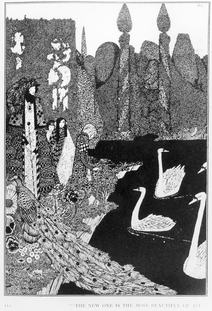 Uusi on kaunein kaikista, kuvitus Hans Christian Andersenin (1805-75) saduista "Ruma ankanpoikanen", n. 1910 tekijältä Harry Clarke