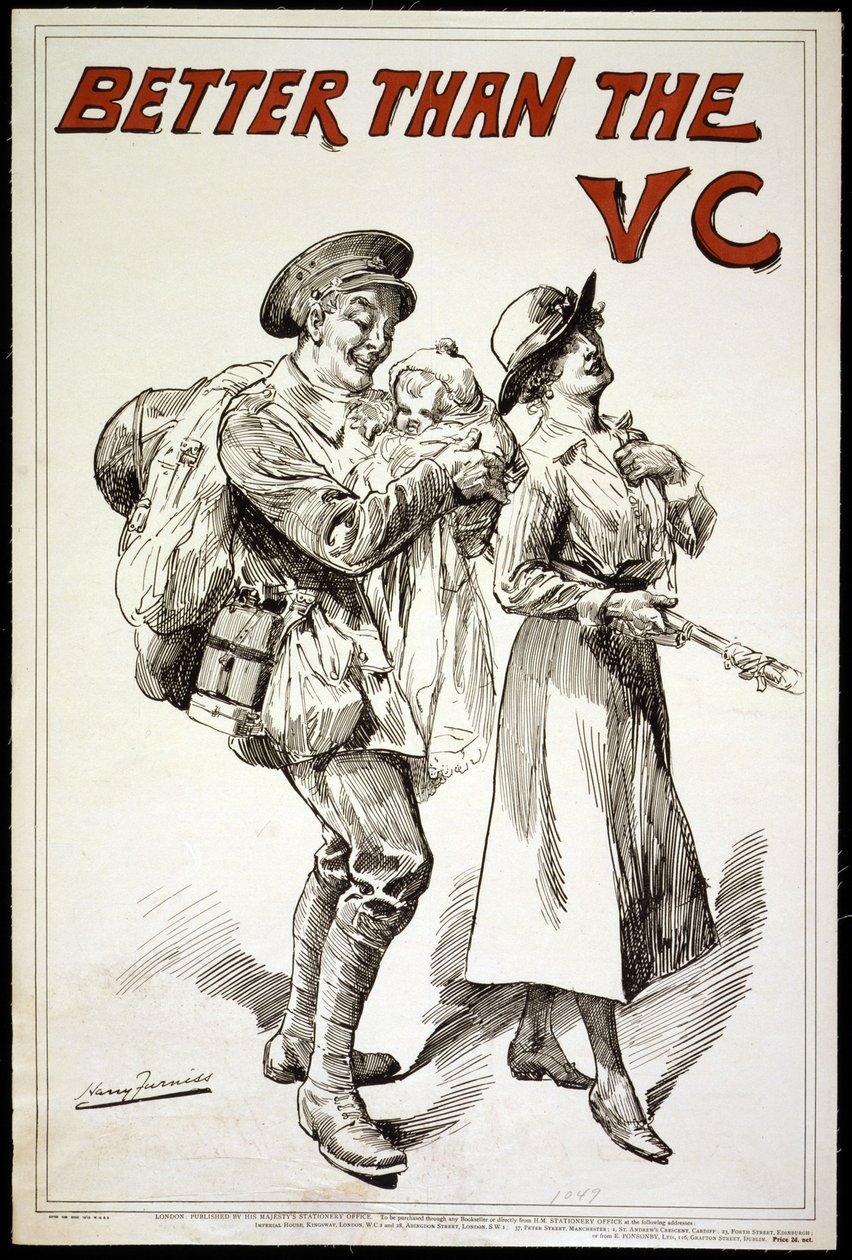 Parempi kuin VC. (eli Victoria Cross) - Juliste, jossa näkyy sotilas pitelemässä vauvaa hänen seuraamassa vaimoaan.1918 tekijältä Harry Furniss