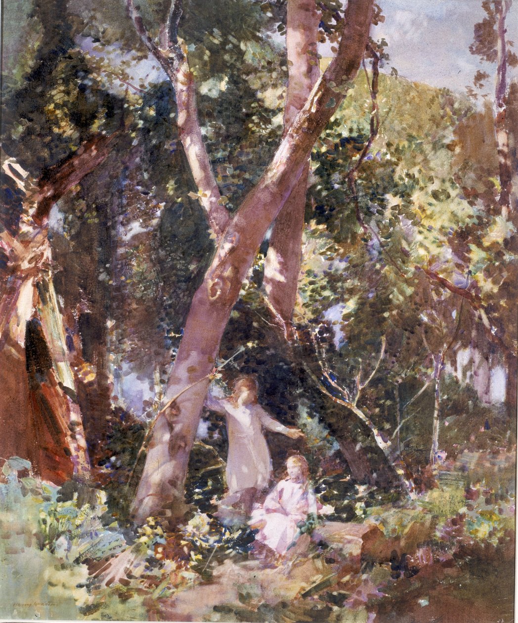 Copse, Dunston Sussex (akvarelli ja vartaloväri kortilla) tekijältä Harry Watson