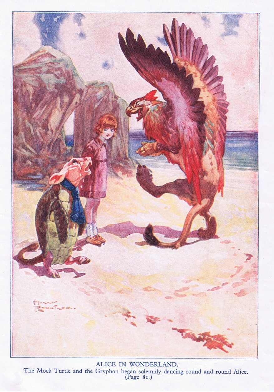 Pilkakilpikonna ja Gryphon alkoivat juhlallisesti kasvot ympäri ja ympäri Alicea (väri litho) tekijältä Harry Rountree