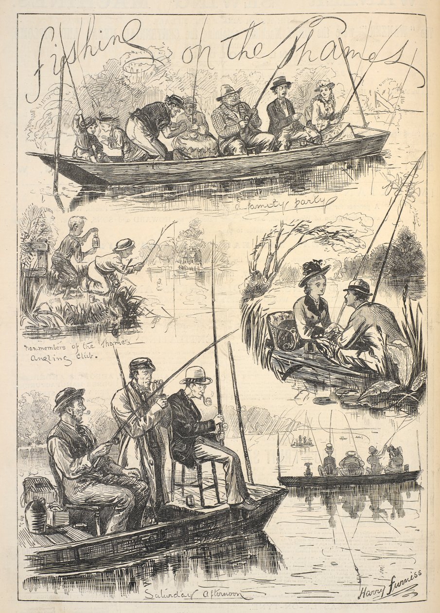 "Fishing on the Thames", "Illustrated Sporting and Dramatic News" -lehden etusivu, 28. lokakuuta 1876 (litho) tekijältä Harry (after) Furniss