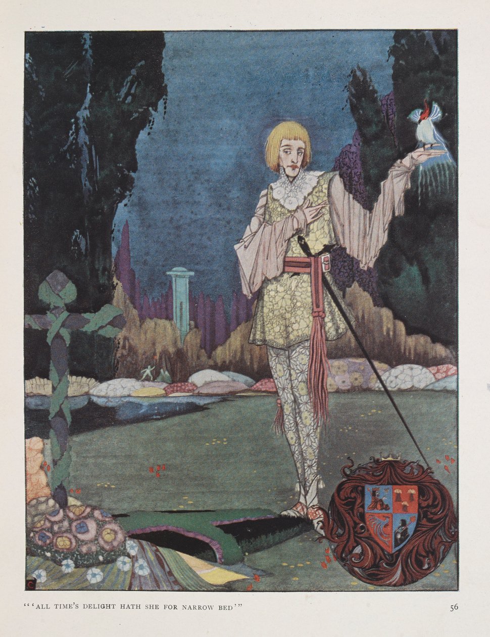 "Kaikkien aikojen iloksi hän nauttii kapeasta punaisesta." Kuvitus Walter de la Maren hullun prinssin laululle. tekijältä Harry Clarke