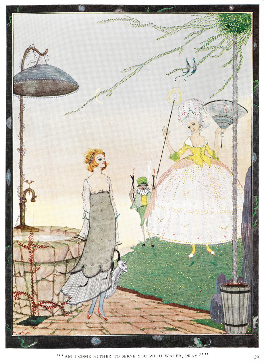 "Tulinko minä tänne palvelemaan sinua vedellä, rukoilkaa?" Kuvitus tarinalle "keiju". Nuori nainen tapaa keijun, jonka ulkonäkö on hyvin pukeutunut nainen. tekijältä Harry Clarke