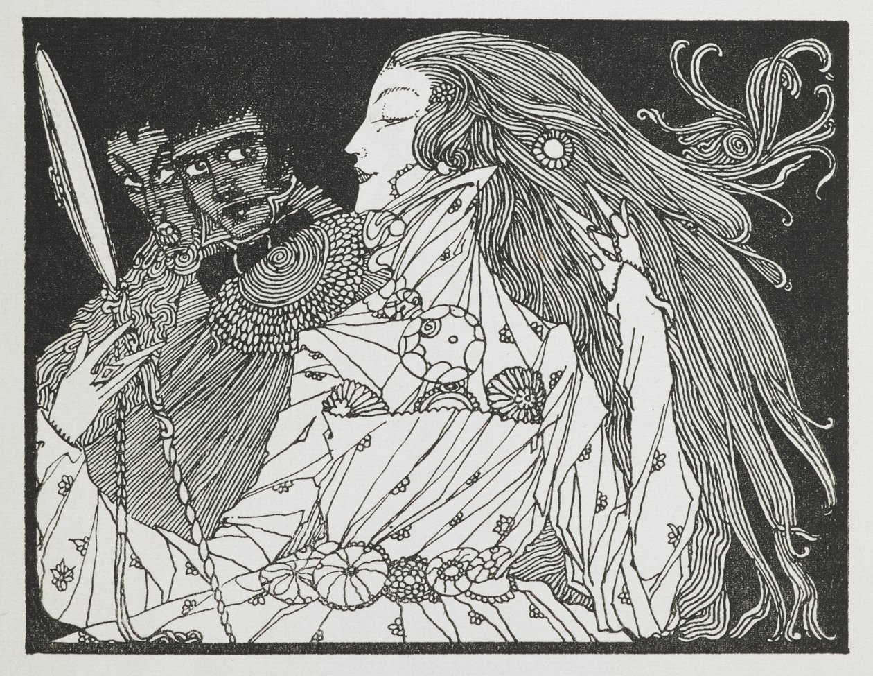 Kuvitus tarinaan "Cinderella". Nainen katselee heijastustaan käsipeilistä tekijältä Harry Clarke
