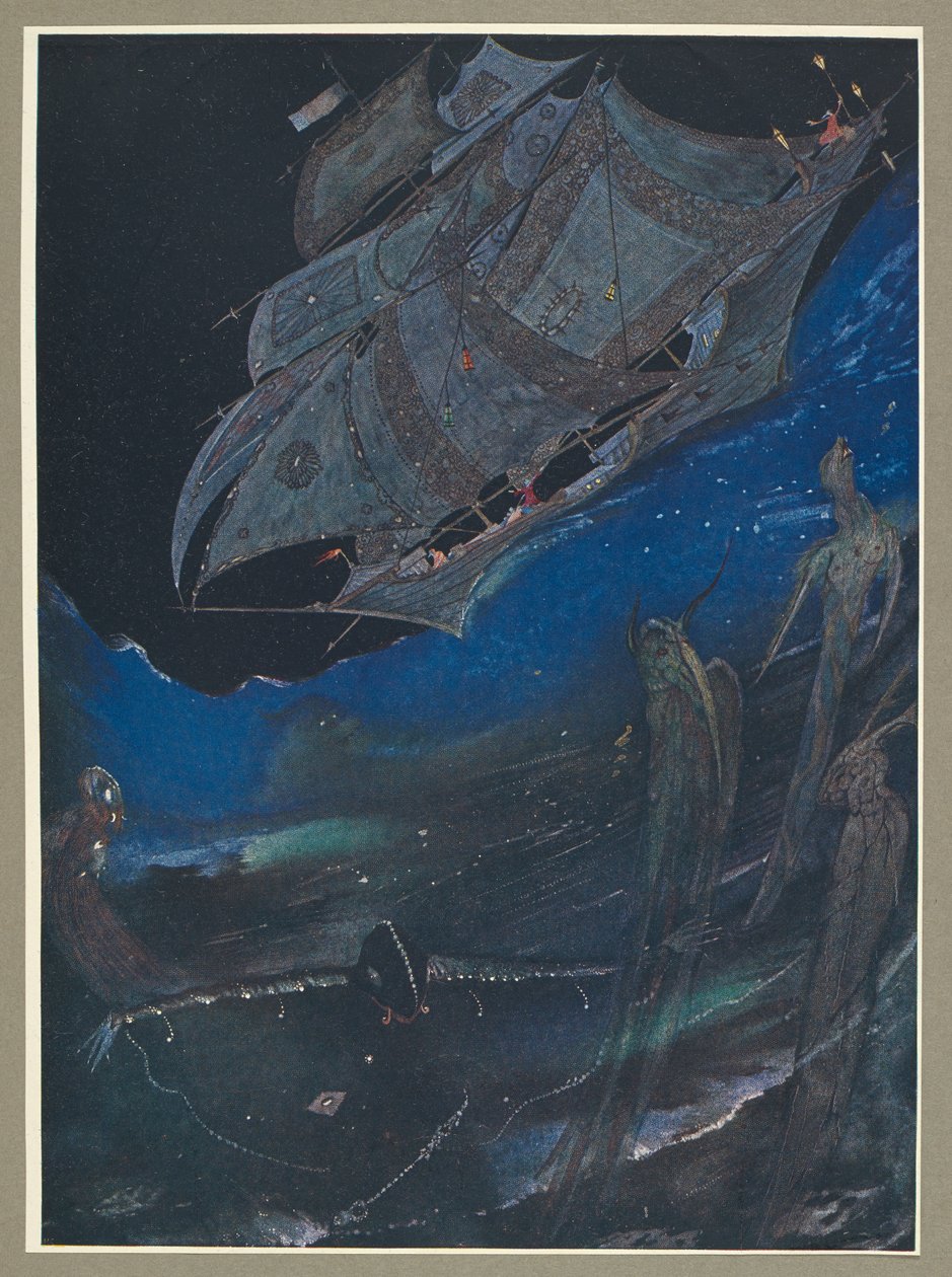 Kuvassa laiva merellä ja kala sen alla. tekijältä Harry Clarke