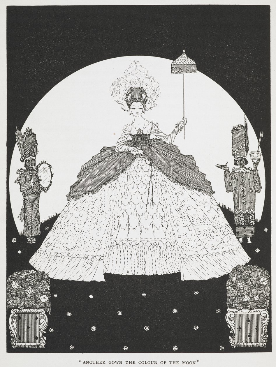 "Toinen kuun värinen mekko". Tarinan kuvitus, "aasinahka". Kaunis prinsessa pitelee aurinkovarjoa, kaksi palvelijaa seisoo hänen molemmin puolin. tekijältä Harry Clarke