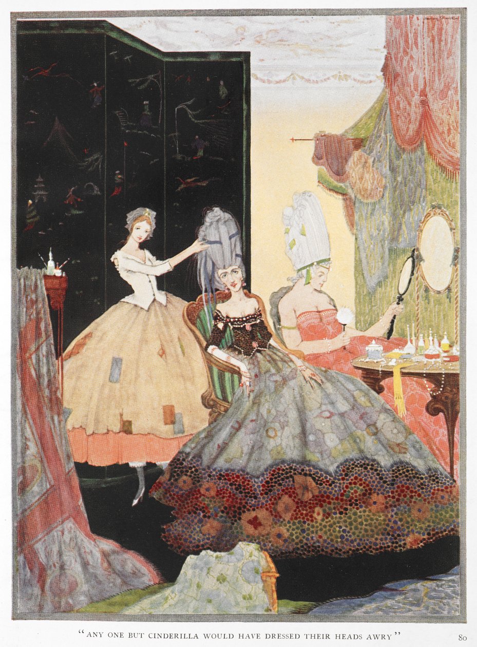 "Kuka tahansa paitsi Cinderella olisi korjannut hiuksensa sekaisin, mutta hän oli erittäin hyvä ja puki ne täydellisesti." Cinderella auttaa kahta siskoaan valmistautumaan illanviettoon. tekijältä Harry Clarke