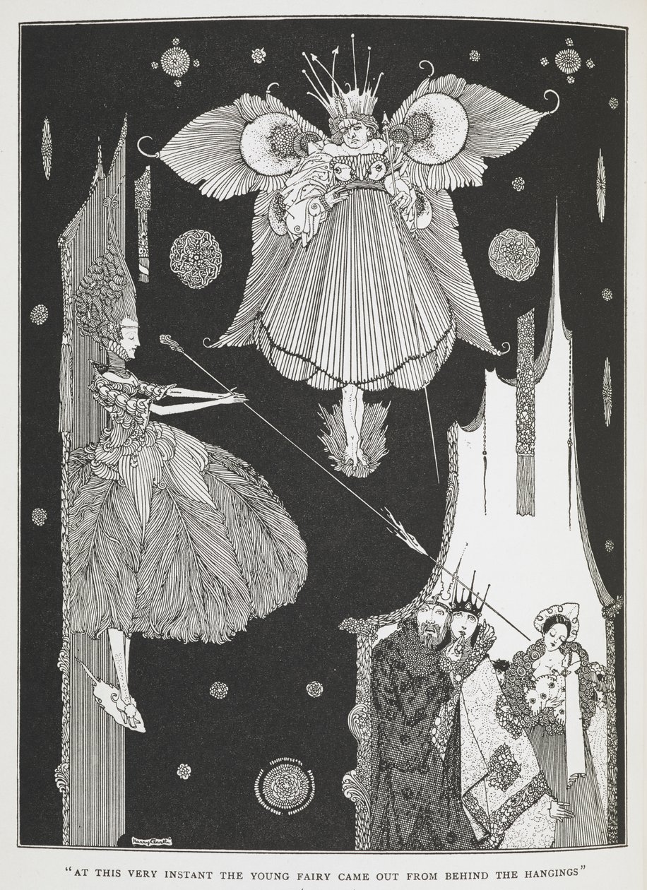 "Tässä hetkessä nuori keiju tuli ulos hirttien takaa." Kuvitus tarinalle "Puun nukkuva kaunotar". tekijältä Harry Clarke
