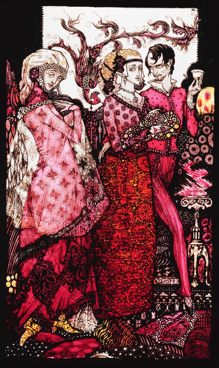 Bert the Bigfoot, laulaa Villon". "Queens", yhdeksän lasipaneelia hapotettu, petsattu ja maalattu, kuvitus J.M. Syngen runo, 1917 tekijältä Harry Clarke