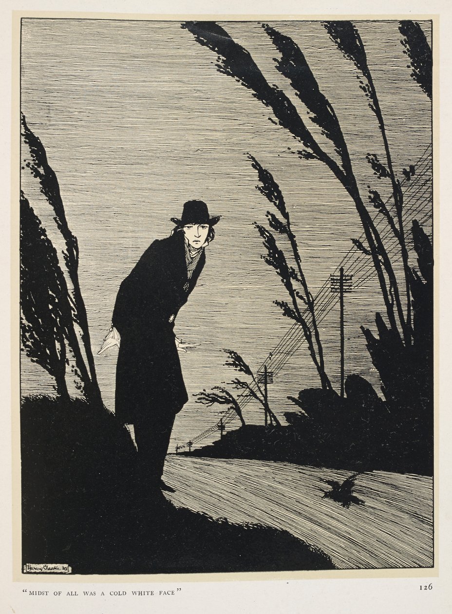 Mustavalkoinen. "Kaiken keskellä oli kylmän valkoiset kasvot". Mustaan pukeutunut mies; rivi lennätinpylväitä. tekijältä Harry Clarke