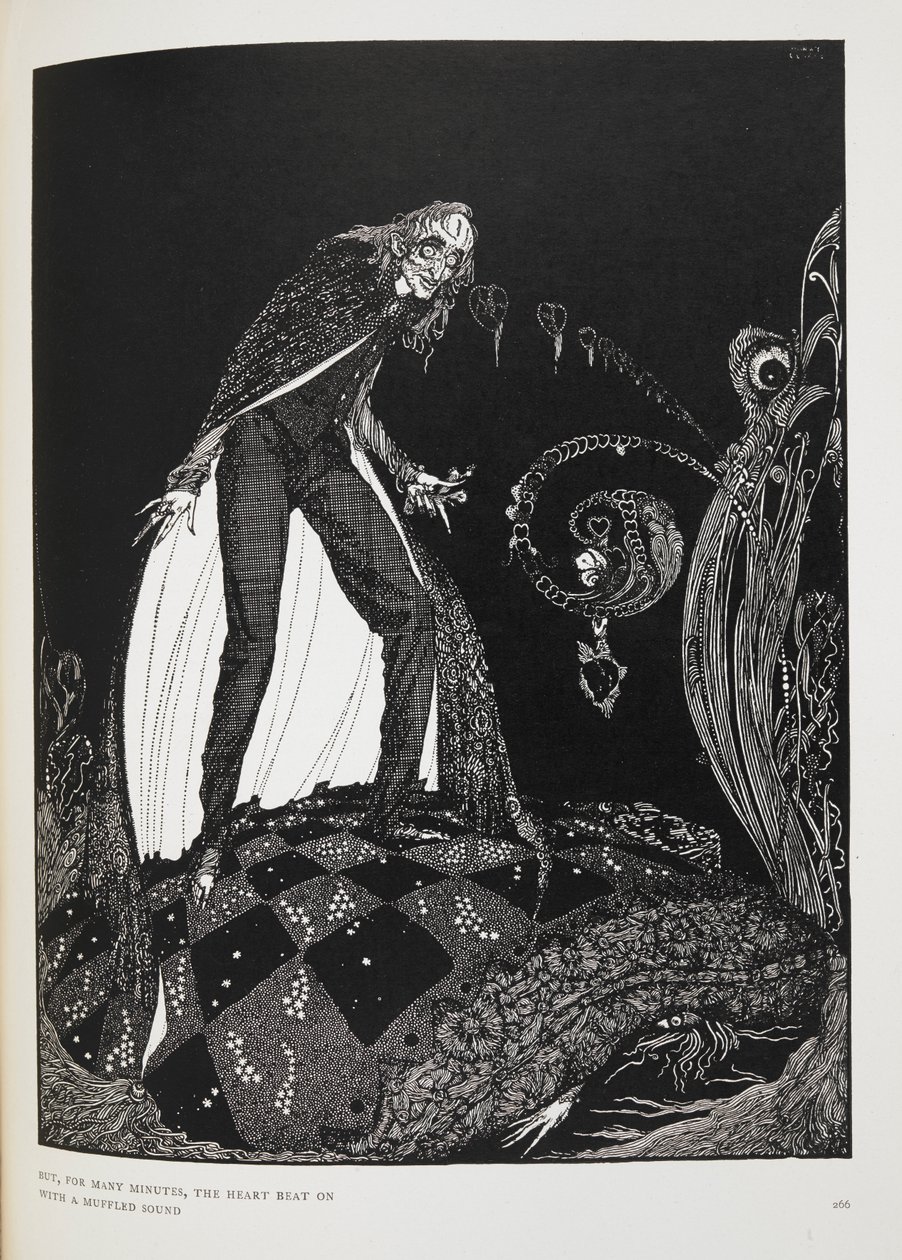 Mutta useiden minuuttien ajan sydän hakkasi vaimealla äänellä. Kuvitus novellelle, "paljastava sydän". Kertoja tukahduttaa vanhaa miestä omassa sängyssä. tekijältä Harry Clarke