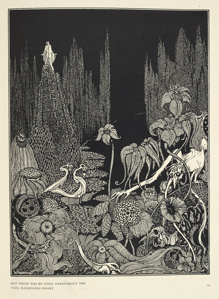 "Mutta koko valtavassa rajattomassa autiomaassa ei kuulunut ääntä." Kuvitus "Hiljaisuus - satu". tekijältä Harry Clarke