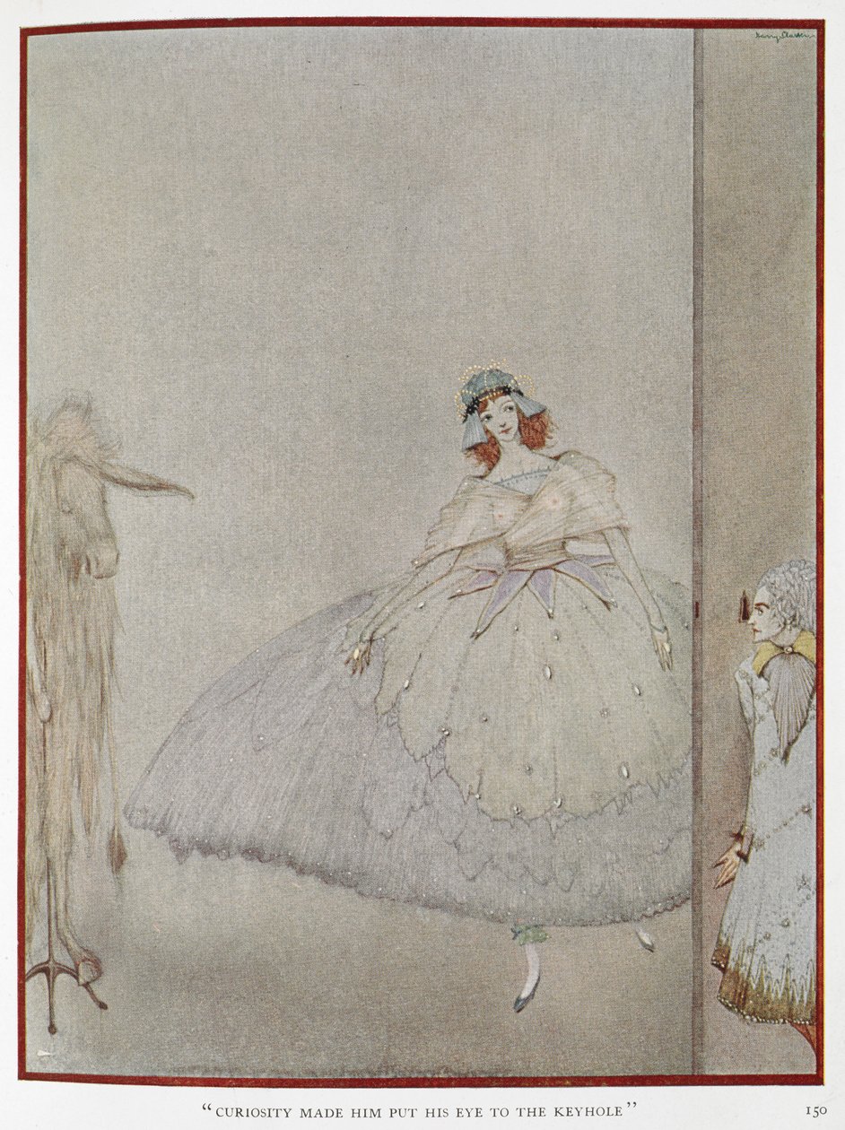 "Uteliaisuus sai hänet kiinnittämään silmänsä avaimenreikään." Tarinan kuvitus, "aasi-nahka". Prinsessa, jota prinsessa vakoilee. tekijältä Harry Clarke
