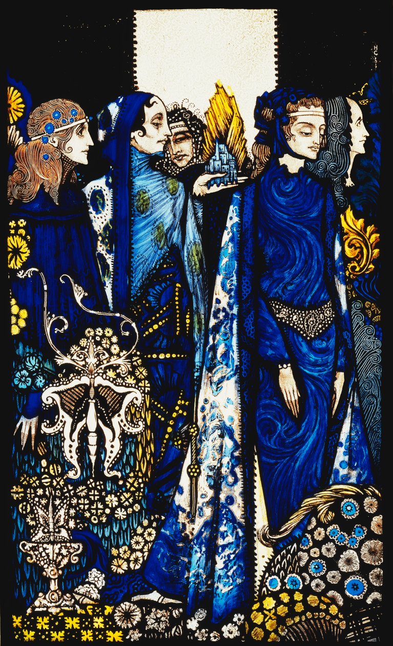 Etain, Helen, Maeve ja Fand, Golden Deirdren herkkä käsi. "Queens", yhdeksän hapotettua, petsattua ja maalattua lasipaneelia, kuvitus J.M. Syngen runo, 1917 tekijältä Harry Clarke