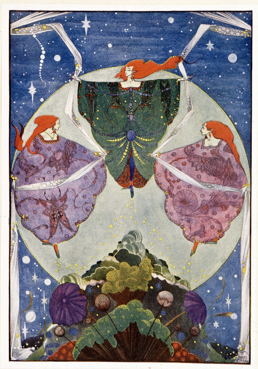 Keijut:"" He tanssivat sumusta ja kuutamosta kudottuilla huiveilla"": Haltiamäki - Hans Christian Andersenin "" Fairy Tales" -kirjassa, ill. Kirjailija: Harry Clarke tekijältä Harry Clarke