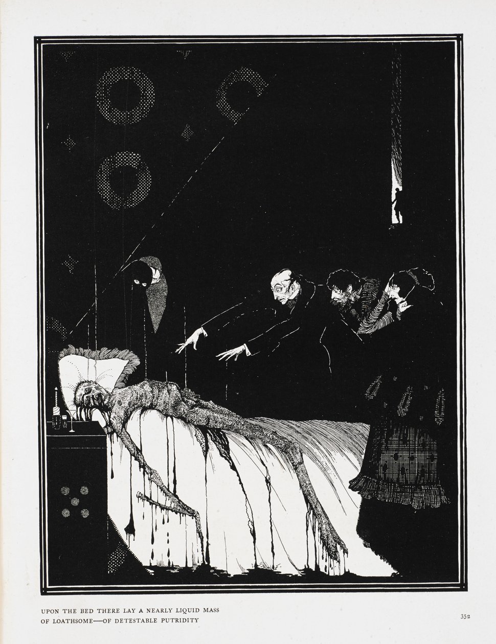 Sängyssä makasi lähes nestemäinen massa inhottavaa - inhottavaa mädyyttä. Esimerkki tarinalle, "faktoja M. Valdemarin tapauksessa". tekijältä Harry Clarke