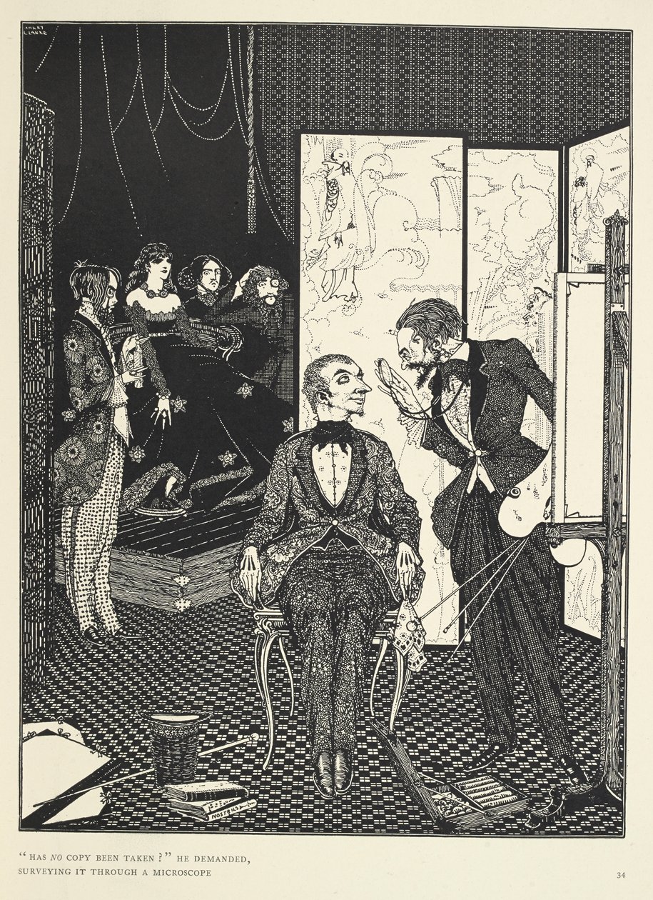 "Eikö kopiota ole otettu?" hän kysyi tutkien sitä mikroskoopilla. Kuvitus tarinalle "Paholainen kellotapulissa". tekijältä Harry Clarke