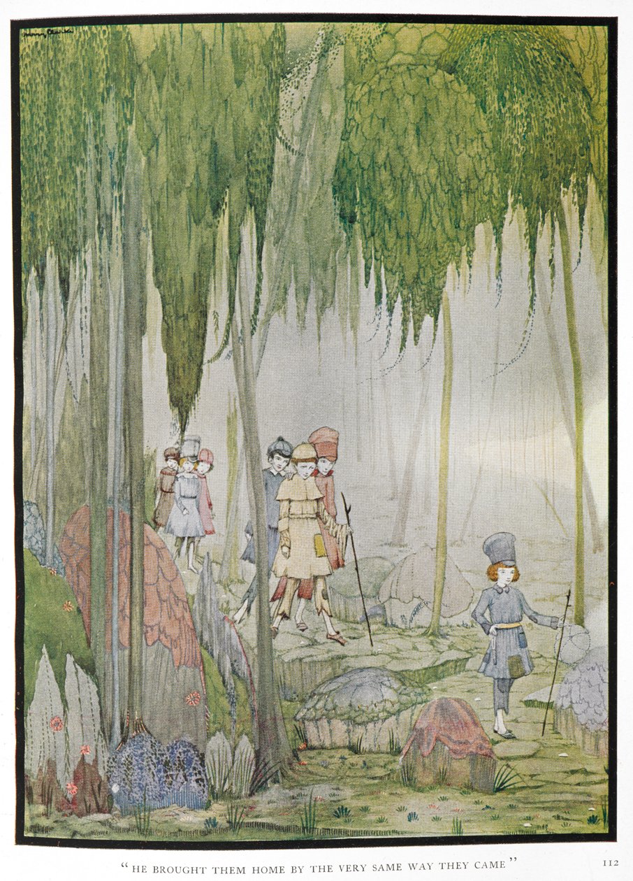 "Hän toi heidät kotiin samaa tietä kuin he tulivat." Tarinan kuvitus, "pieni peukalo". Lapset metsässä. tekijältä Harry Clarke