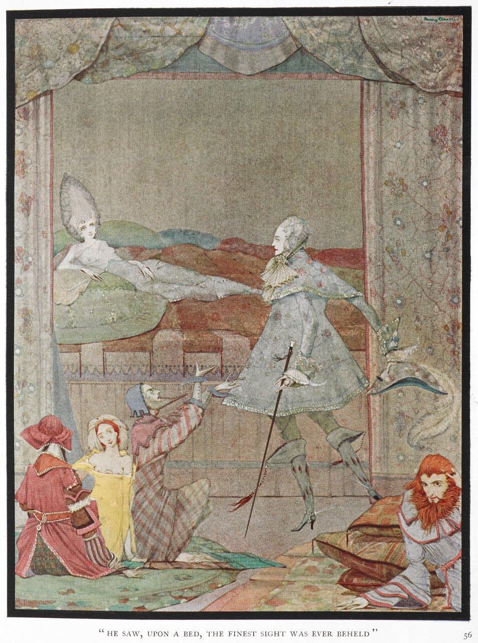 "Hän näki sängyssä hienoimman näkyn, joka oli koskaan nähty." Prinssi näkemässä prinsessan "Sleeping Beauty" hänen sängyssään. tekijältä Harry Clarke