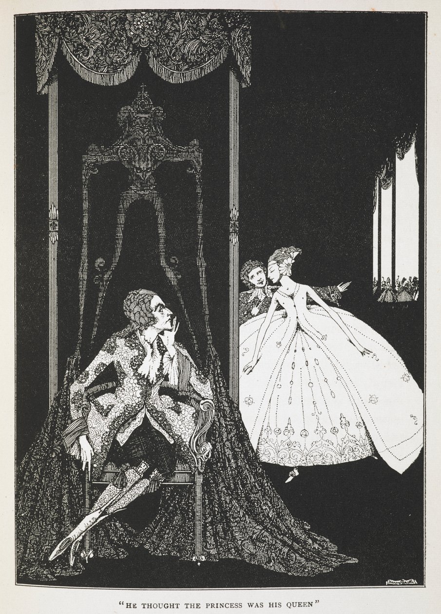 "Hän luuli, että prinsessa oli hänen kuningattarensa." Tarinan kuvitus, "aasi-nahka". tekijältä Harry Clarke