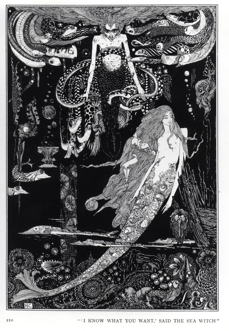 "Tiedän mitä haluat", sanoi merinita, kuvitus Hans Christian Andersenin (1805-1875), n. 1910, "Pieni merenneito" satuista. tekijältä Harry Clarke