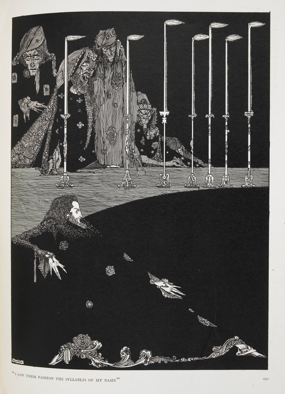 "Näin heidän muovaavan nimeni tavuja." Tarinan kuvitus "kuoppa ja heiluri". tekijältä Harry Clarke