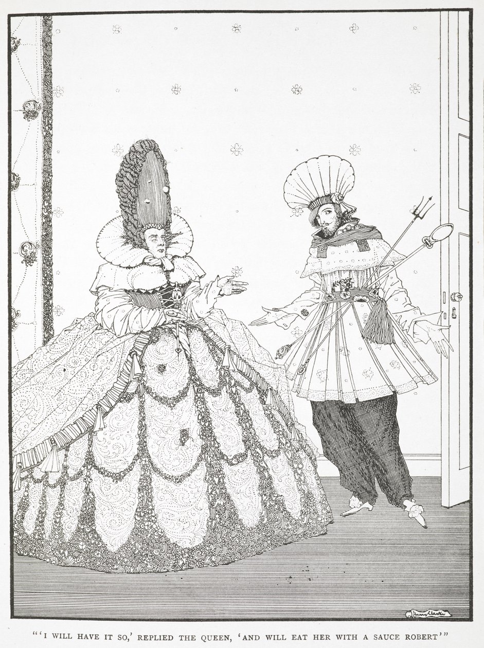 "Minä syön sen niin", vastasi kuningatar, "ja syön hänet Robert-kastikkeen kanssa." Kuvitus tarinalle "nukkuva kaunotar puussa". tekijältä Harry Clarke