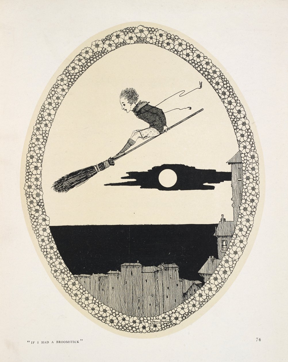 "Jos minulla olisi luudanvarsi". Kuvitus Patrick R. Chalmersin runolle. Poika luudanvarrella tekijältä Harry Clarke