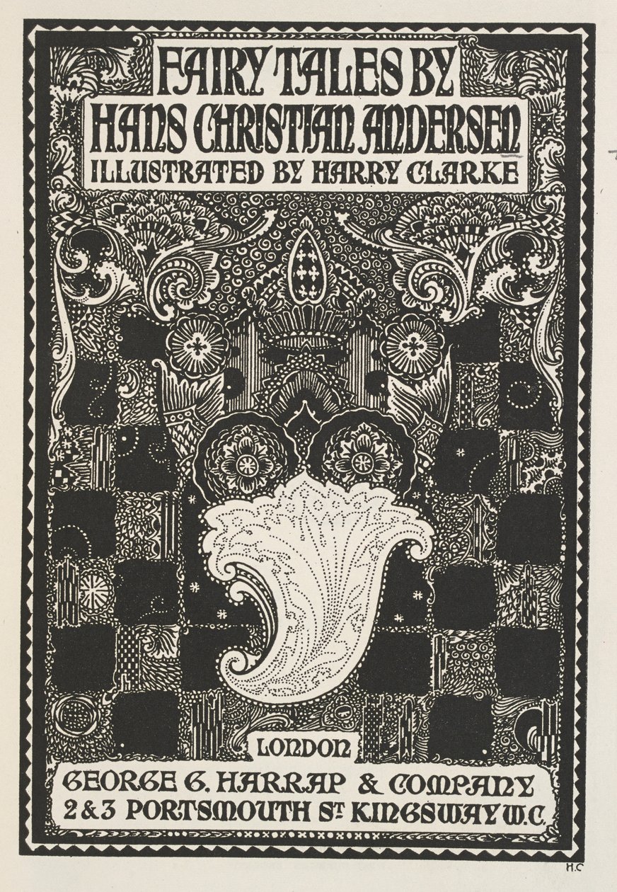 Kuvitettu otsikkosivu, symboleilla ja neliöillä. tekijältä Harry Clarke