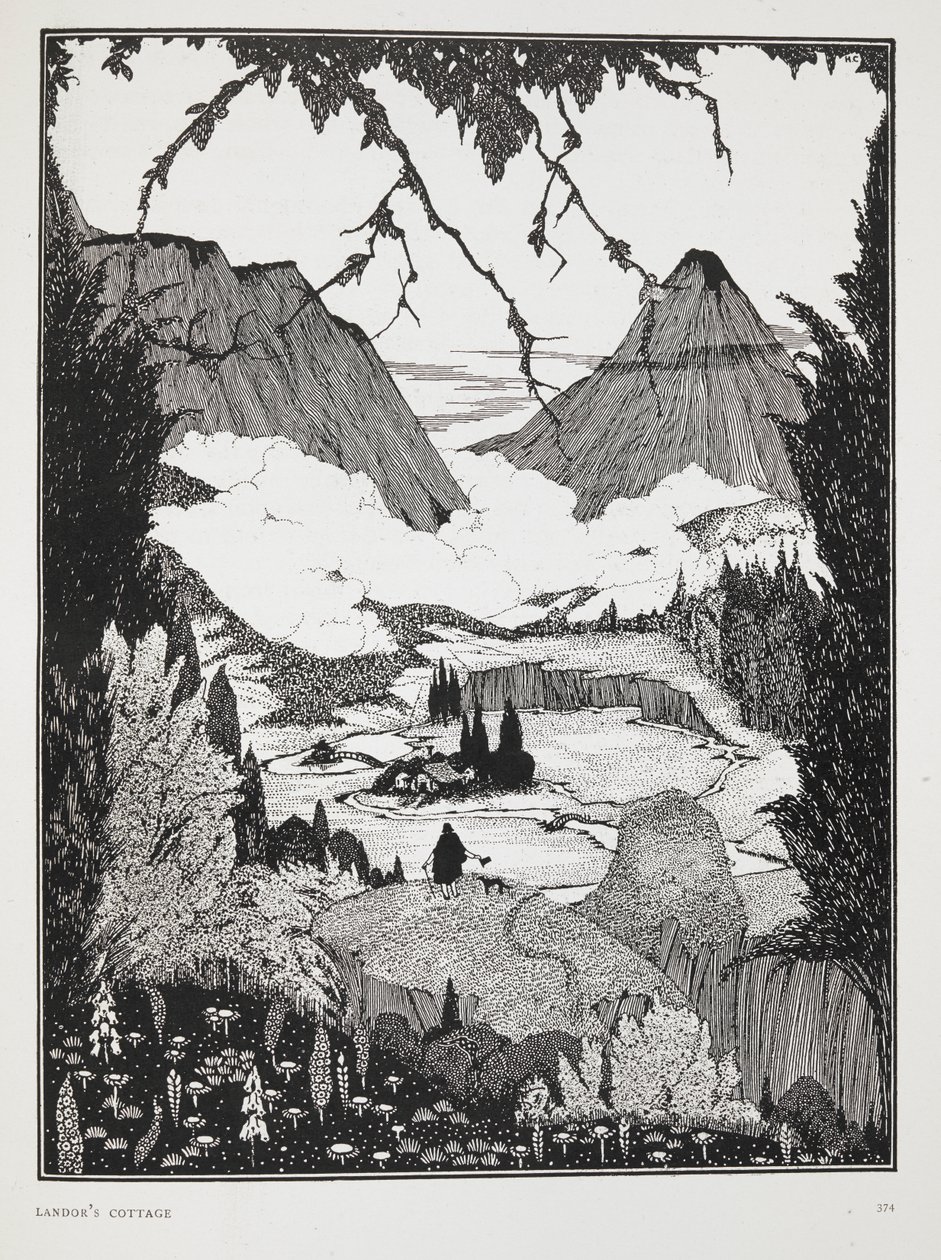 Kuvitus tarinaan "Landorin mökki". Vuoristoinen maisema. tekijältä Harry Clarke