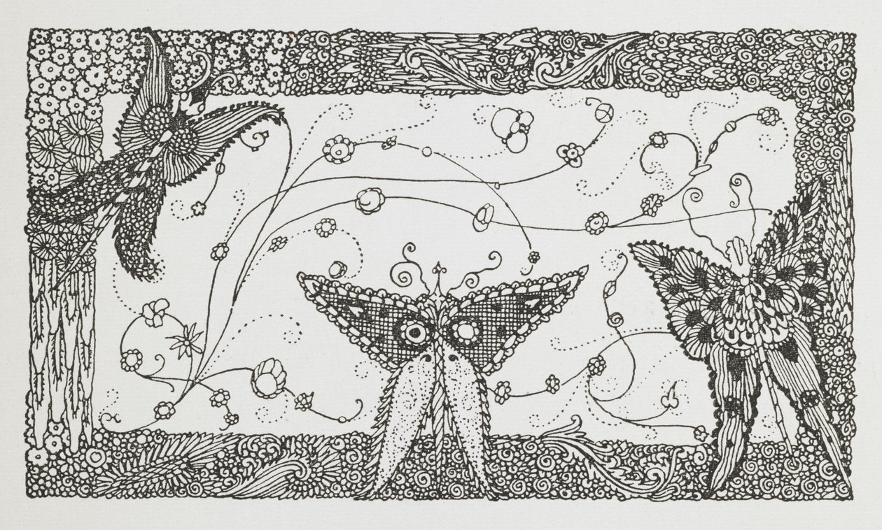 Kuvitus tarinalle Riquet tupsulla. Perhosmalli. tekijältä Harry Clarke