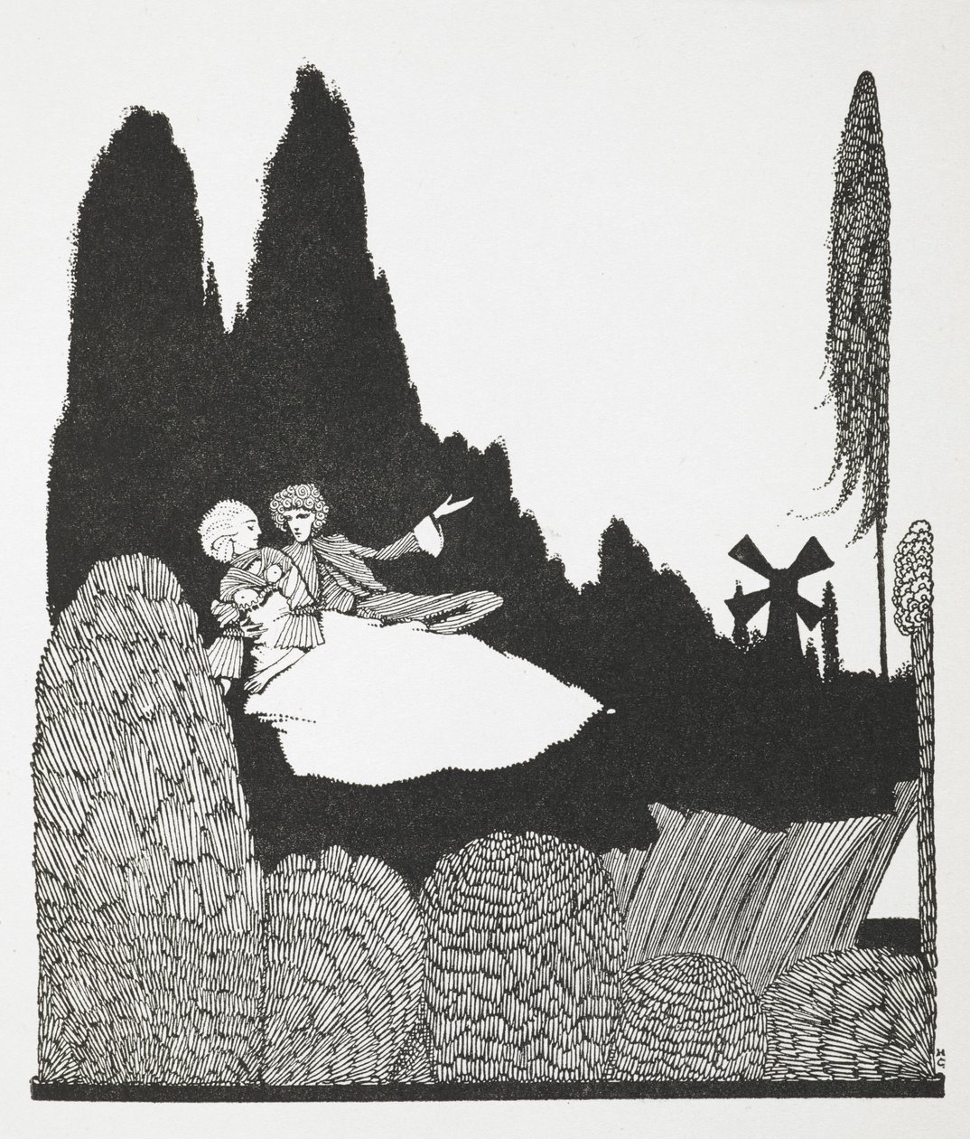 Kuvitus tarinalle "Mestarikissa tai saappaissa oleva pussi". tekijältä Harry Clarke
