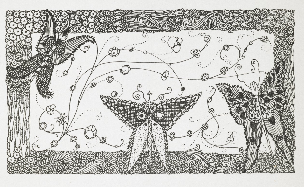 Kuvitus tarinalle "Mestarikissa tai saappaissa oleva pussi". Perhosmalli. tekijältä Harry Clarke