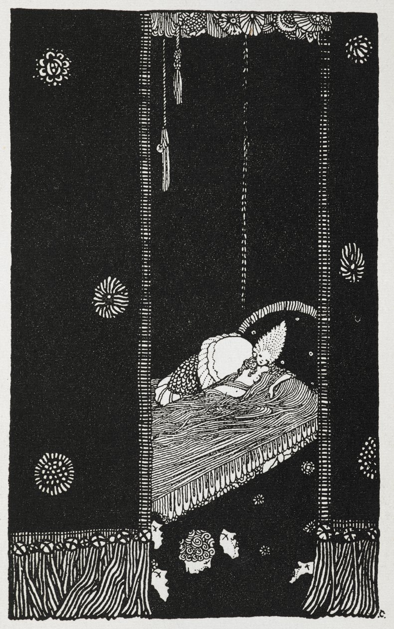 Kuvitus tarinalle "nukkuva kaunotar puussa". Prinsessa Ruusunen sängyllään. tekijältä Harry Clarke