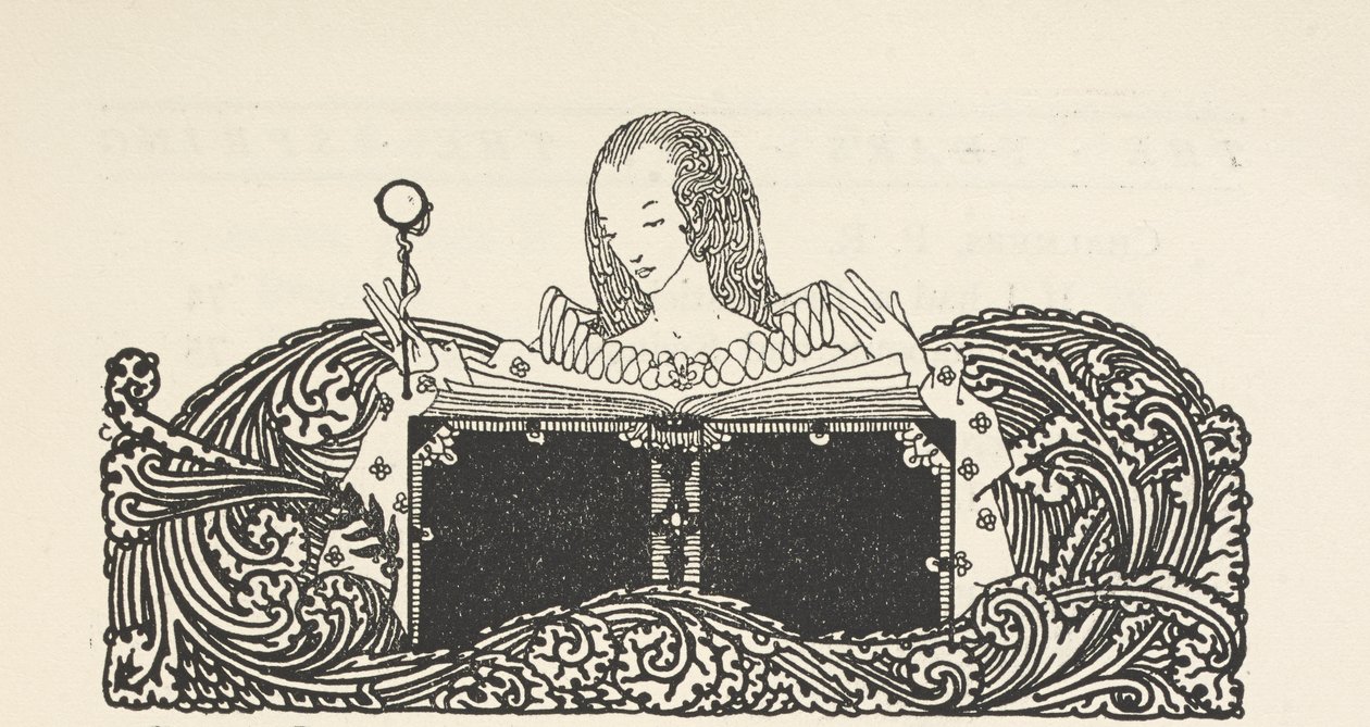Kuva, jossa nainen lukee kirjaa, sisällyssivun yläosassa. tekijältä Harry Clarke