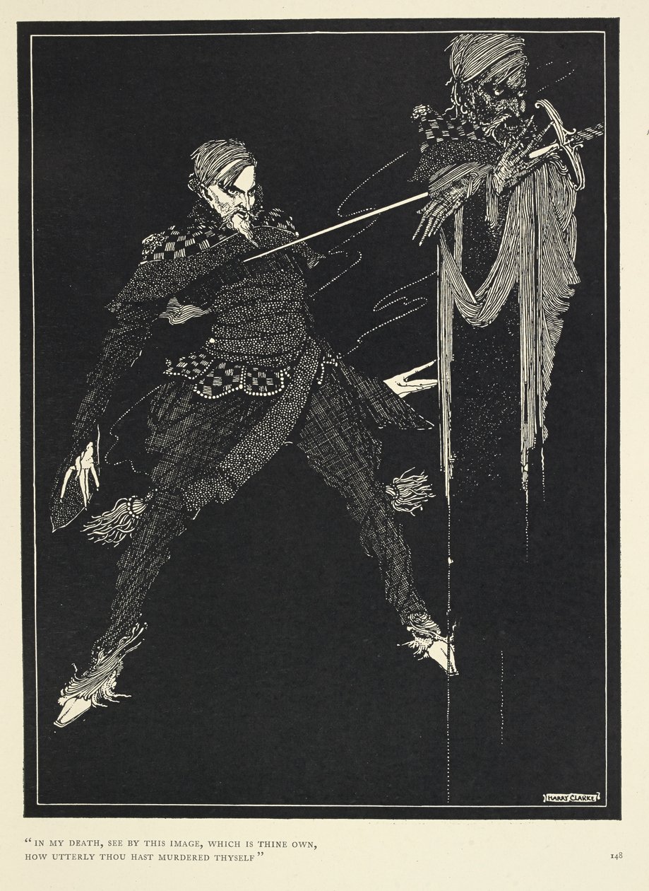"Katso kuolemassani tästä kuvasta, joka on omasi, kuinka täysin tuhat on murhannut itsesi." Kertojan kaksoiskappale "William Wilsonissa", The Gift (1839). tekijältä Harry Clarke