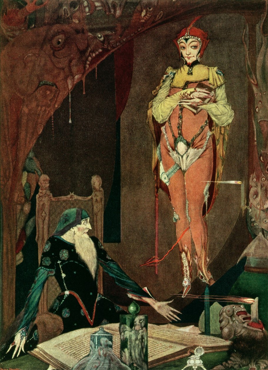 "Onko köyhällä voimallani mitään palvella sinua?", Goethen kuvitus Faustista, kääntänyt John Anster tekijältä Harry Clarke