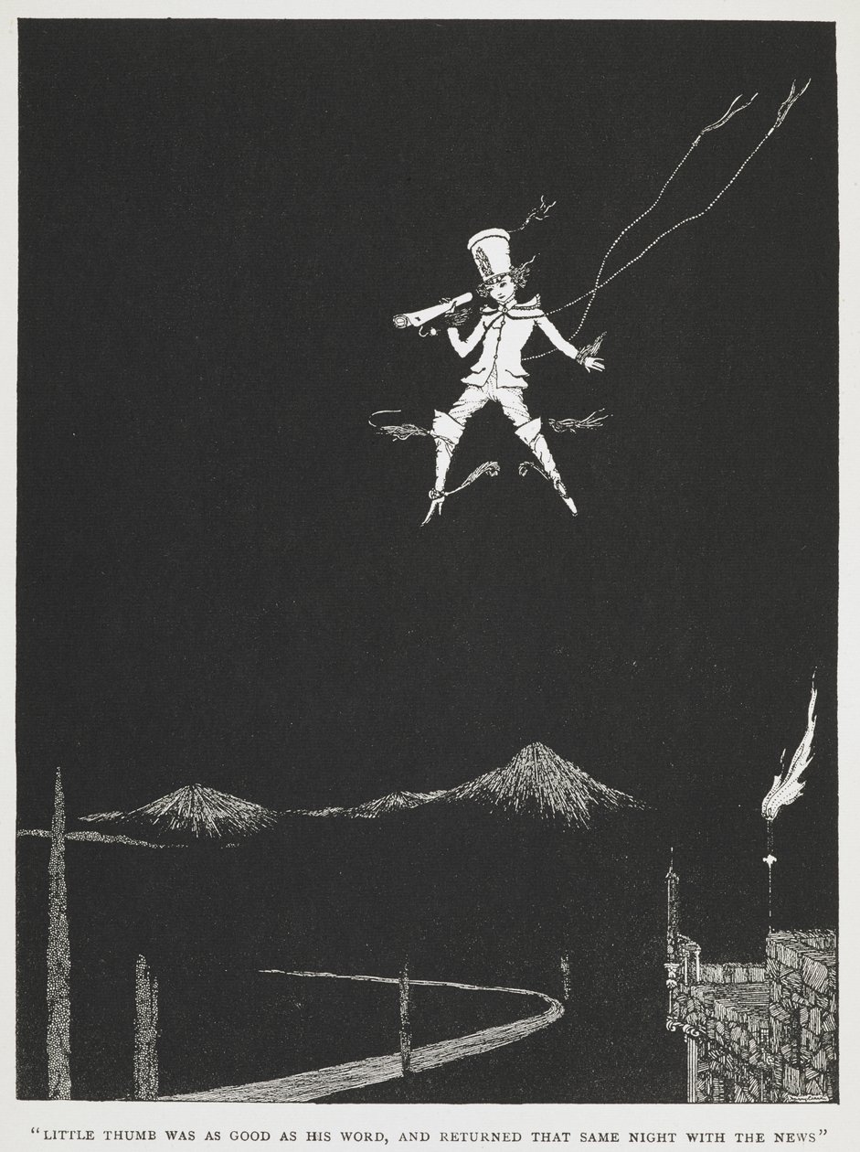 "Pikku peukalo oli yhtä hyvä kuin hänen sanansa, ja palasi samana iltana uutisten kanssa." Sanansaattaja lentää yötaivaalla. Tarinan kuvitus, "pieni peukalo". tekijältä Harry Clarke