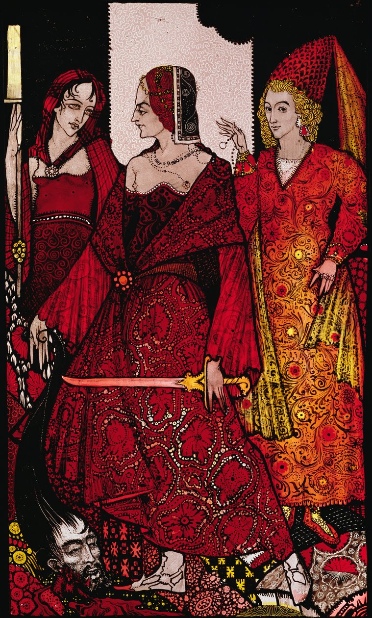 Kuningattaret, jotka leikkasivat Glannan sikoja... Harry Clarken kuvitus J.M. Syngen teoksesta "Queens". tekijältä Harry Clarke