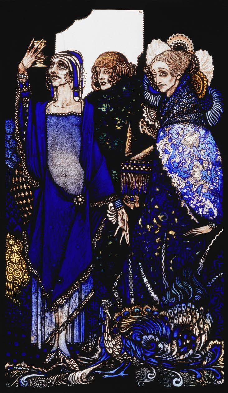 Queens jotka tuhlaat idän valtakirjalla...". "Queens", yhdeksän lasipaneelia hapotettuna, petsattu ja maalattu, kuvitus J.M. Syngen runo, 1917 tekijältä Harry Clarke