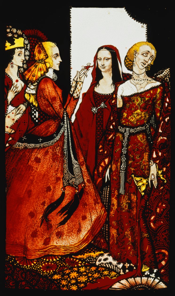 Kuningattaret, joiden sormi kerran sekoitti ihmisiä." "Queens", yhdeksän lasipaneelia hapotettu, petsattu ja maalattu, kuvitus J.M. Syngen runo, 1917 tekijältä Harry Clarke