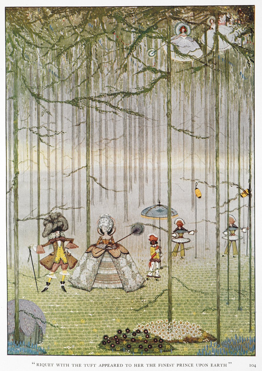"Riquet tupsuineen näytti hänelle maan hienoimmaksi prinssiksi." Kuvitus tarinalle "Riquet with the tuft". Prinsessa puussa tapaa prinssi Riquetin tupsun kanssa. tekijältä Harry Clarke