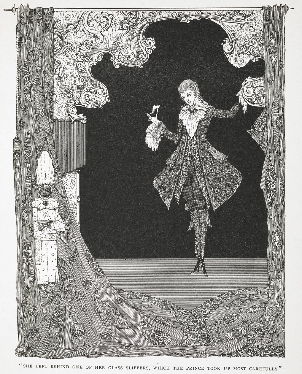 "Hän jätti jälkeensä yhden lasitossuistaan, jonka prinssi otti kaikkein huolellisimmin." Tarinan kuvitus, Tuhkimo tai Pieni lasitossu. tekijältä Harry Clarke