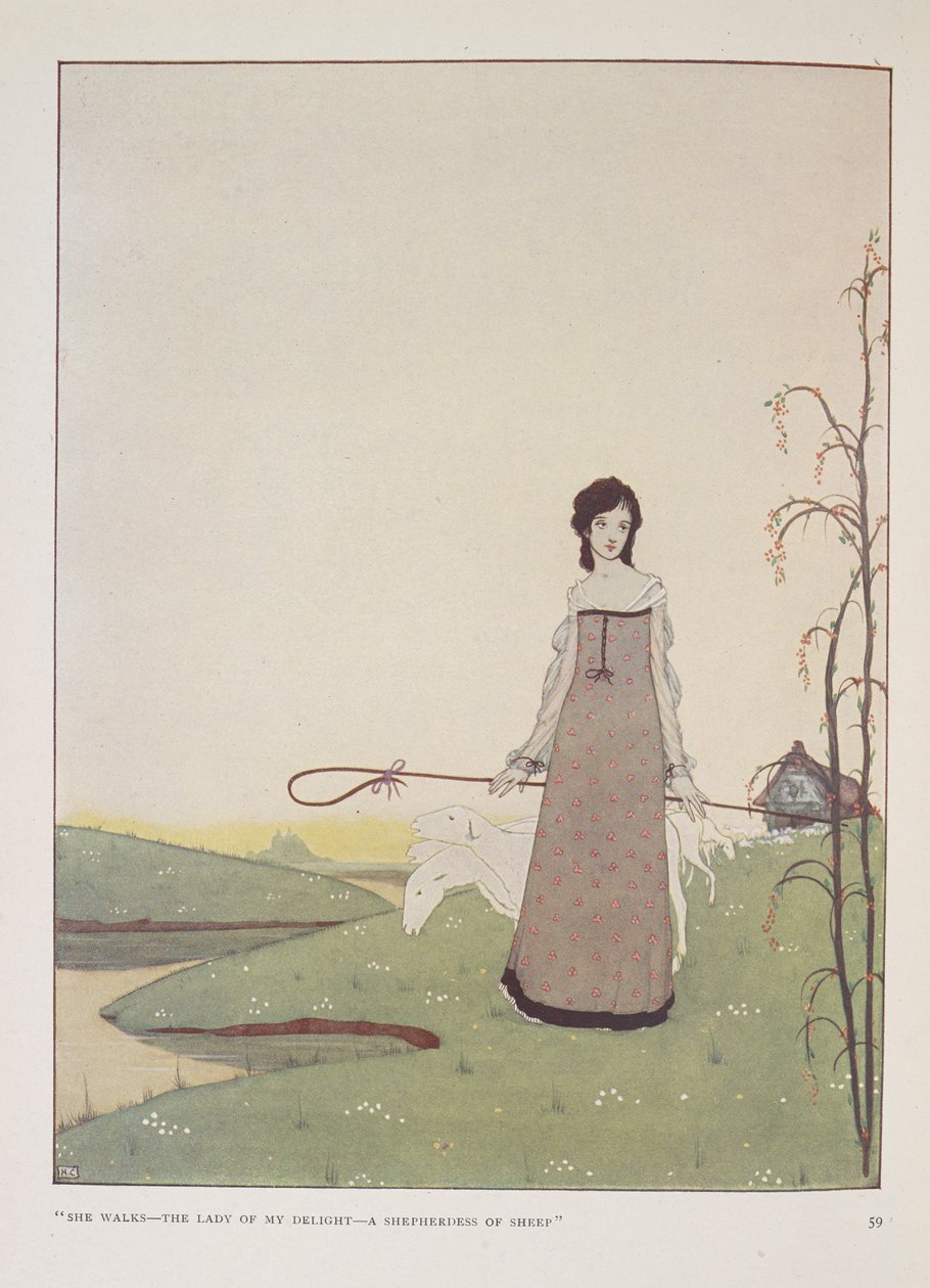"Hän kävelee - iloni rouva - lampaiden paimen." Alice Meynellin kuvitus paimentyttärelle. tekijältä Harry Clarke