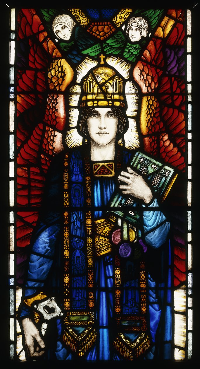 St. Peter", lasimaalaus, joka kuvaa siivellistä nuorta Pyhää Pietaria pitelemässä hiiraa, pitelemässä symbolisia avaimia ja kirjaa sekä parin enkeliparin, n. 1910-13 tekijältä Harry Clarke