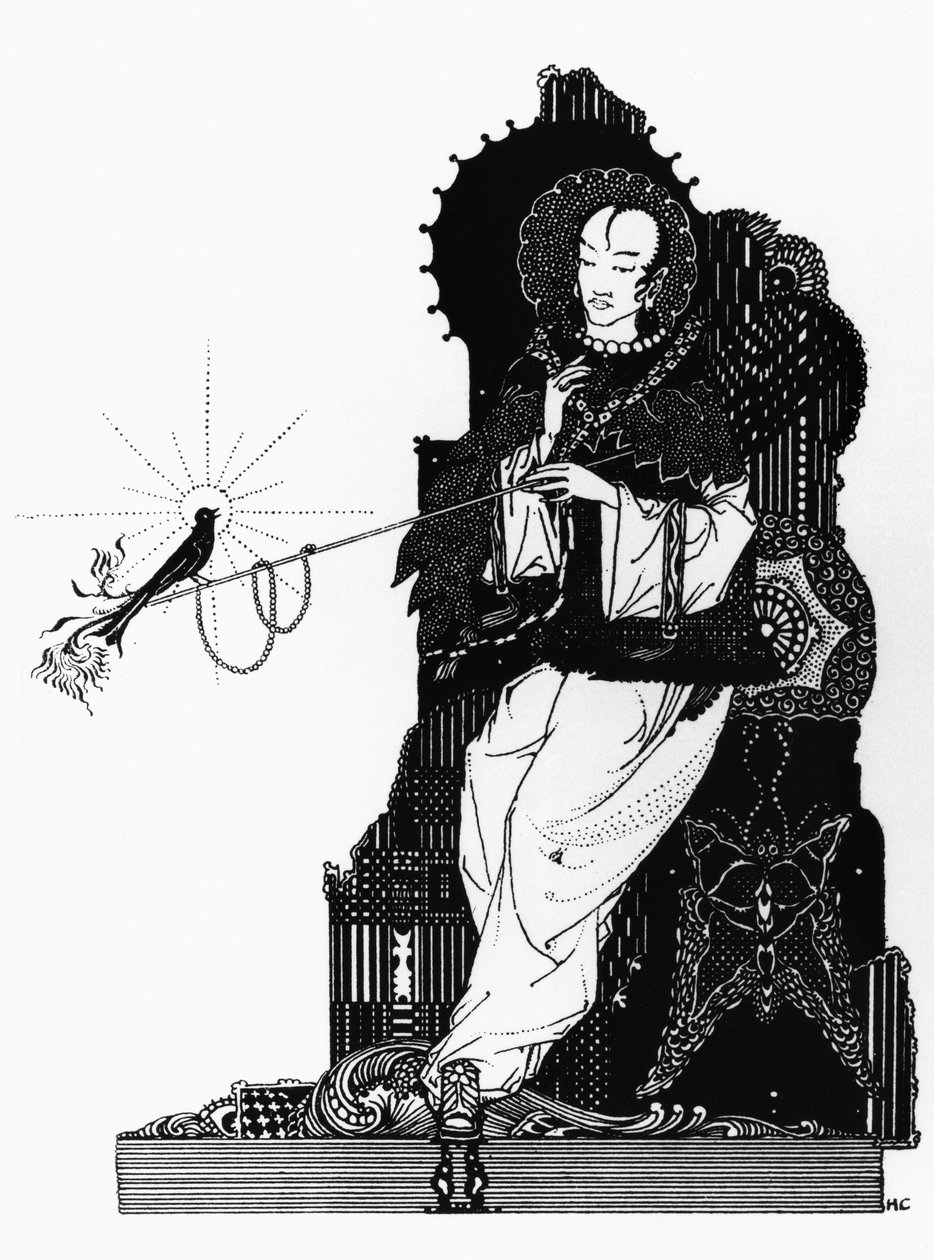Keisari ja satakieli, kuvitus Hans Christian Andersenin (1805-75) Lontoossa ennen vuotta 1914 julkaistuun satakieliin. tekijältä Harry Clarke